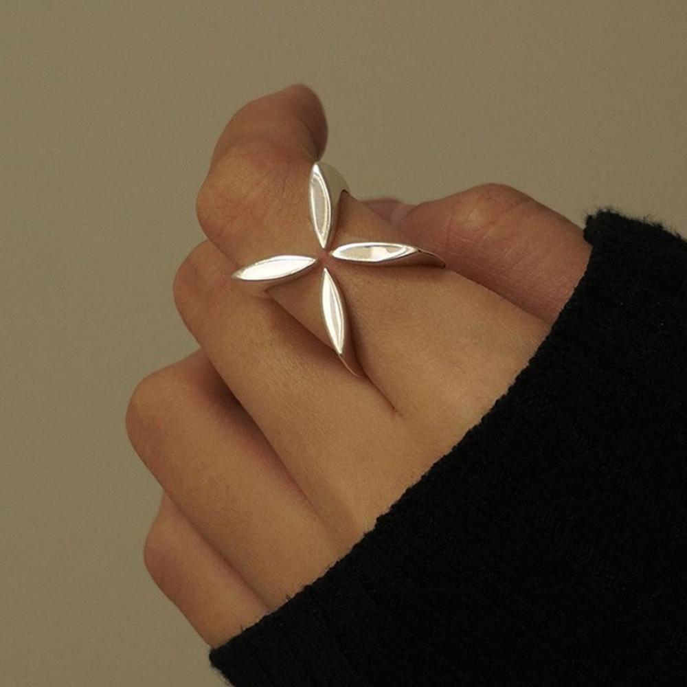 Unique Cross Clover Rings for Women Punk Silver Color Adjustable Cross Flower Ring Geometric Handmade Jewelry Gift
