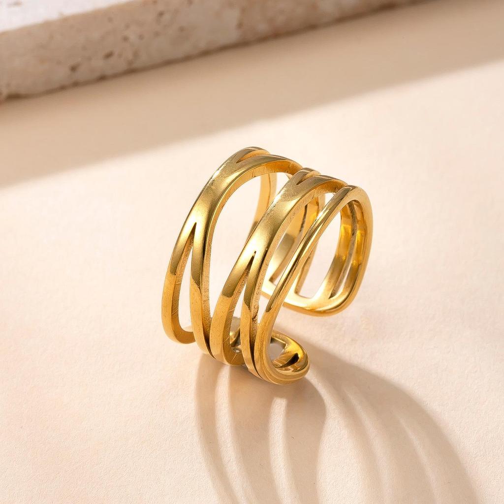 18k Gold Plated Cross Cutout Stainless Steel Ring with Hollow Design