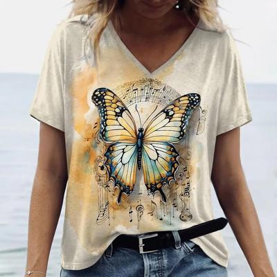 New Summer Women Fashion T-shirt Butterfly V-Neck Tops Tees Female Vintage Short Sleeve Clothing Ladies Daily Casual Streetwear