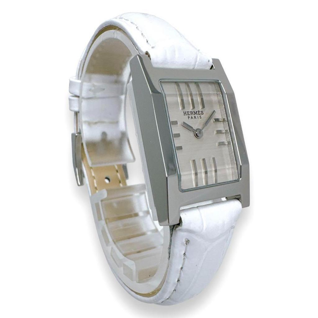 Used HERMES Tandem TA1.210 Silver Gray Dial White Leather Belt White Quartz QZ Ladies Watch Brand Good Condition Working
