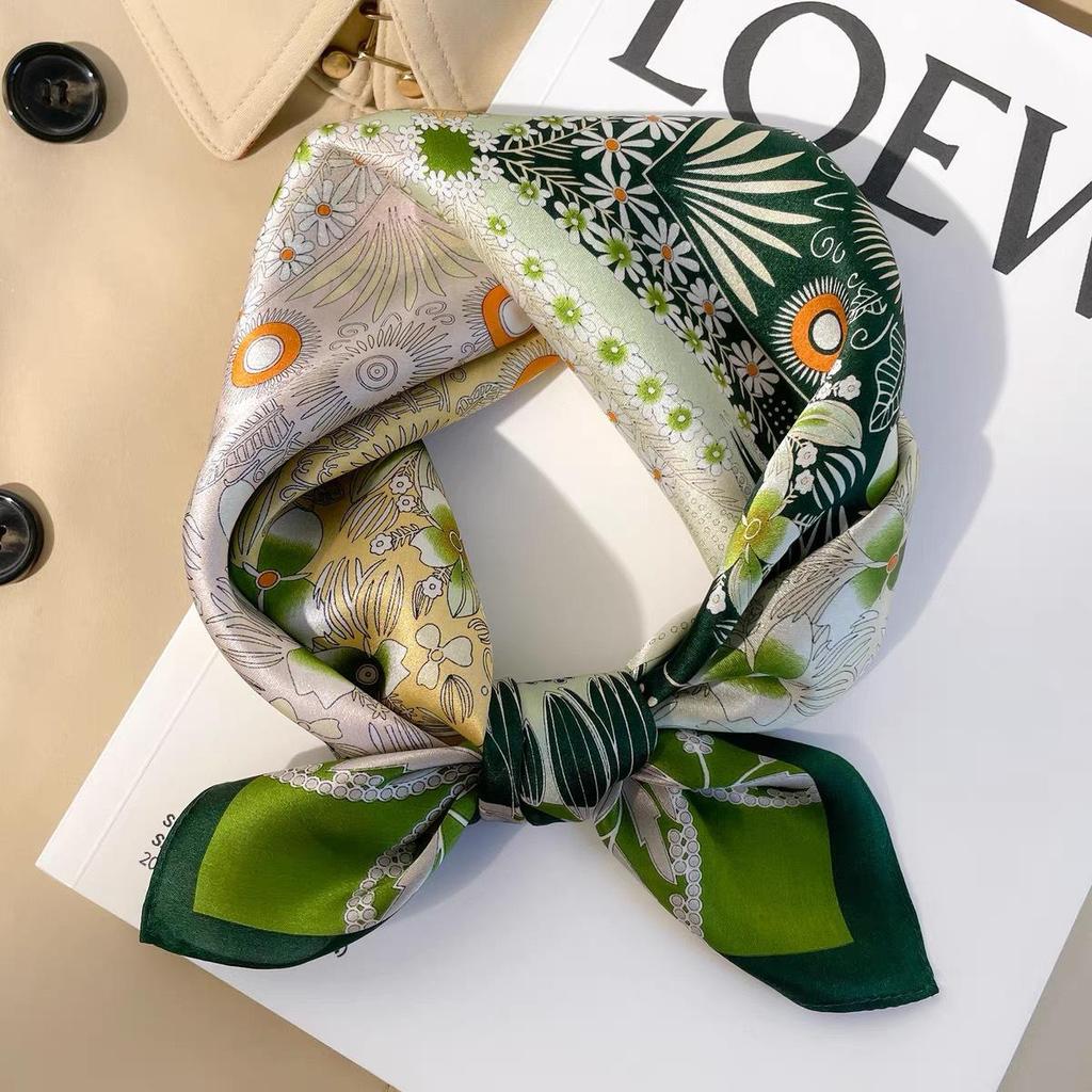 Dámský béžový hedvábný šátek - 53 cm Korejský styl Tištěný čtverec, 100% morušové hedvábí na jaro/léto