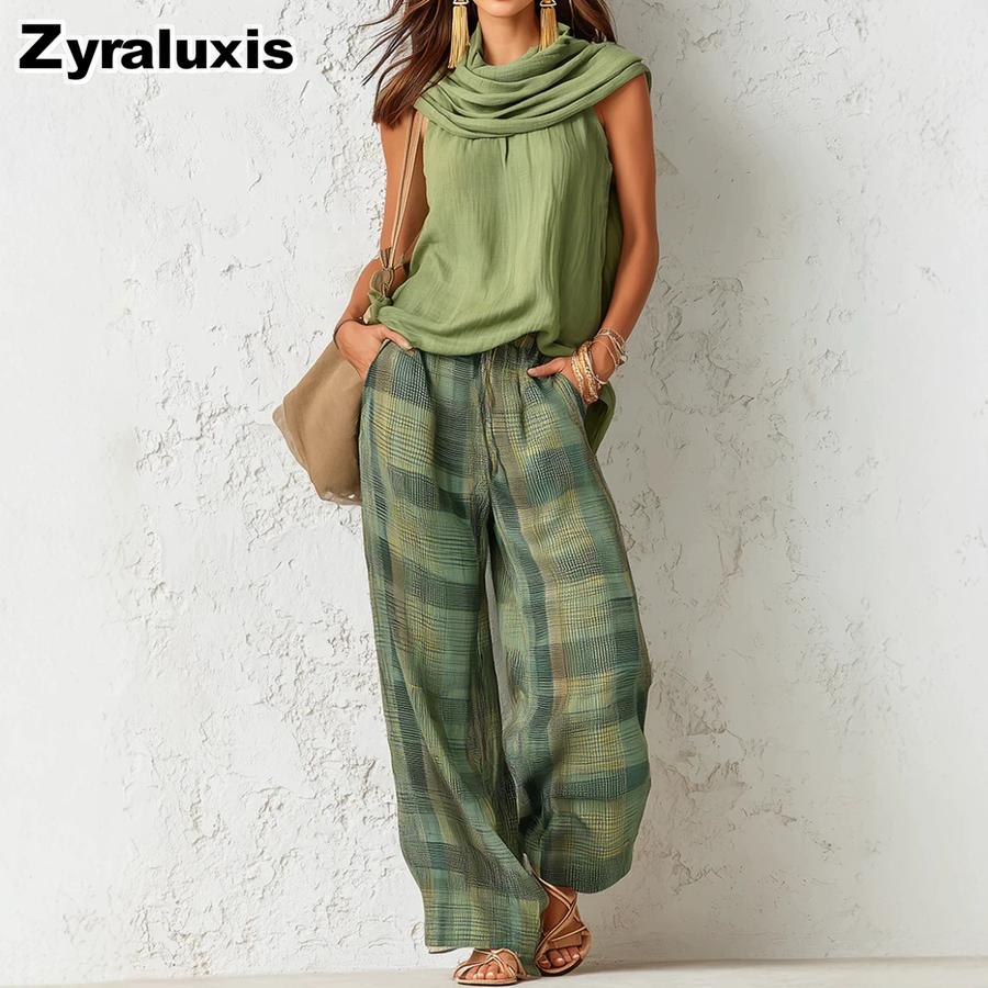 New Retro Casual Fashion Women's Sleeveless Top and Plaid Pants Set