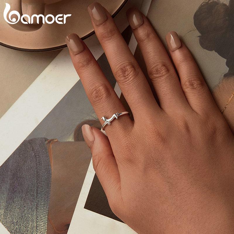 BAMOER 925 Sterling Silver Cute Dachshund Ring for Women Lovely Pet Dog Open Ring Statement Ring Jewelry Gift for Pet Lover
