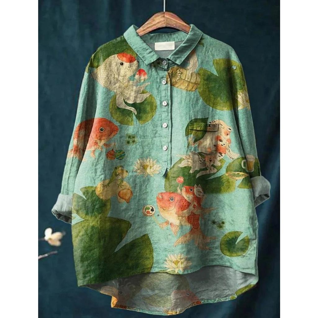 Women's Turn Down Collar Long Sleeve Floral Print Shirt Loose Fit Elegant Casual Blouse