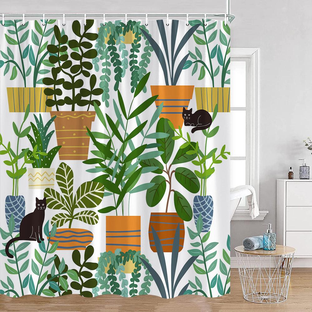 Grüne Topfpflanzen Duschvorhänge Cartoon Katzen Hängende Tropische Blätter Dekorationen Für Bad Polyestergewebe Badezimmervorhang