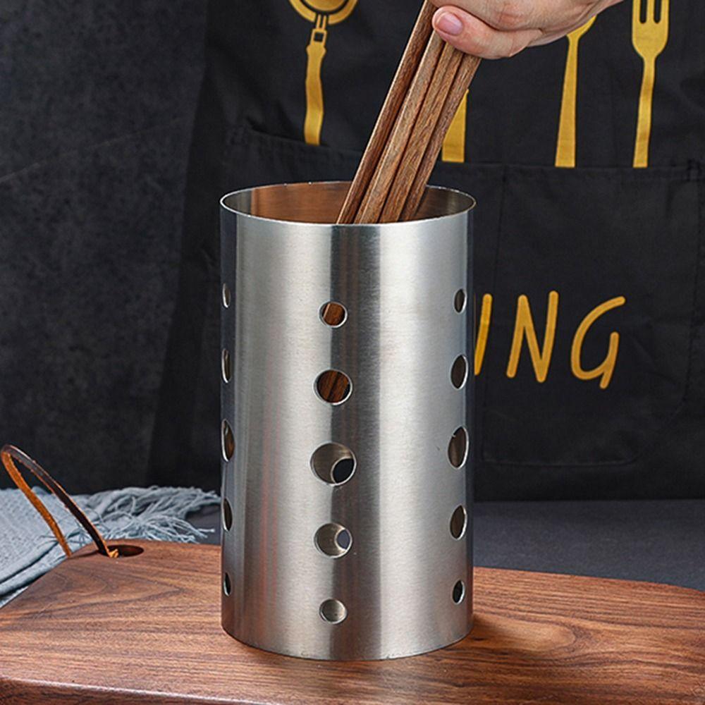 Stainless Steel Kitchen Cutlery Organizer Drainage Holes Utensil Container  Home