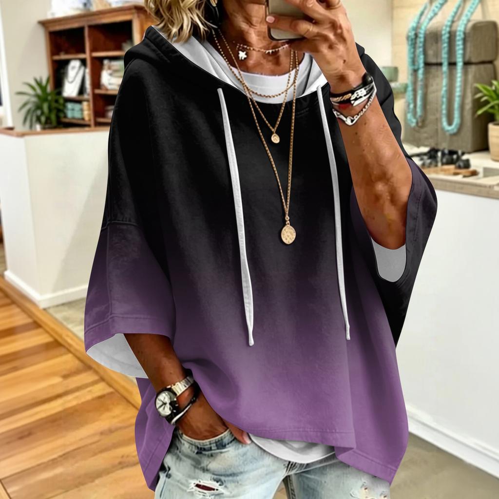 Women's Casual Hoodie with Drawstring Hood and Gradient Print - Oversized Long Sleeve Pullover Top