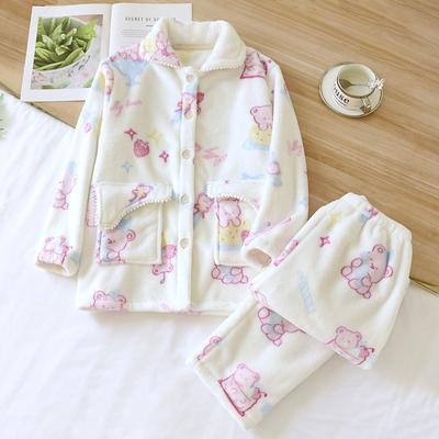 Sweet Bear Thicken Coral Velvet Pajamas Sets Women Fresh Winter Flannel Keep Warm Homewear Long-sleeved Sleepwear