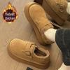 Women's Winter Furry Moccasins: Brown Cotton Slip-On Snow Boots with Thick Soles.