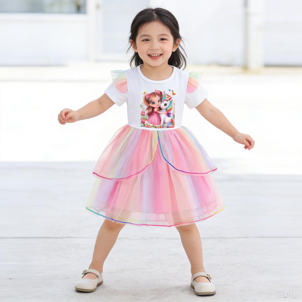 Girls Summer Short Sleeve Tulle Princess Dress with Cartoon Design