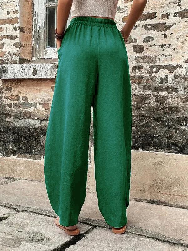 Women's Solid Color Casual Pants with Pockets and Elastic Waist.