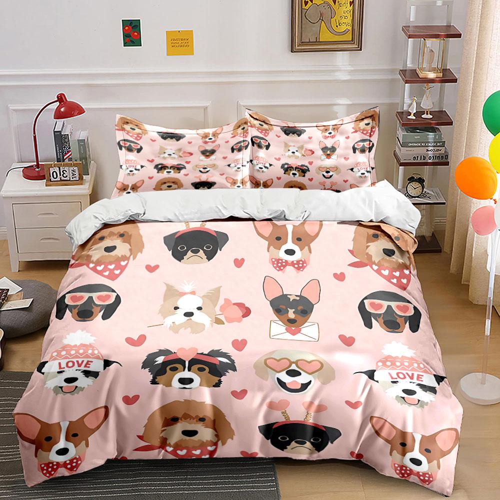 Cute Dogs with Hearts Pattern Bedding Duvet Cover Set Duvet Cover Pillowcases (1*Duvet Cover 2*Pillowcases, Without Duvet Insert)