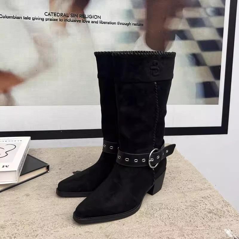 Cowhide version White Deer leather thick heel medium boots retro belt buckle pointed western cowboy boots knight boots