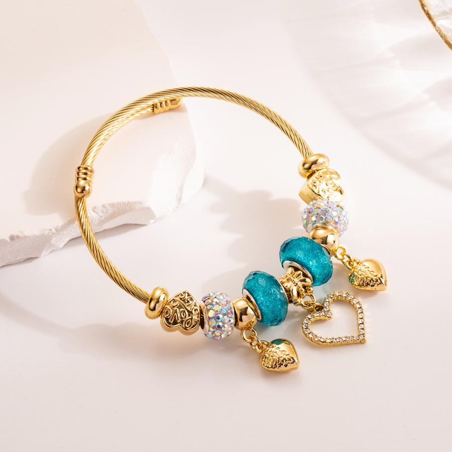Stainless Steel Bracelet with Crystal Wristband, Heart-shaped Pendant, Adjustable Opening. Charm Bracelet