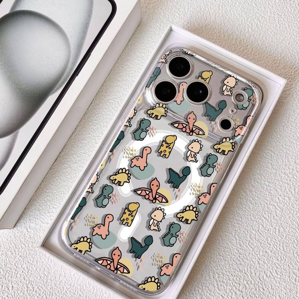 Cartoon Cute Dinosaurs Phone Case For iPhone 17 16 15 14 13 12 Pro Max Plus With Magnetic Crystal Clear Case Wireless Charge