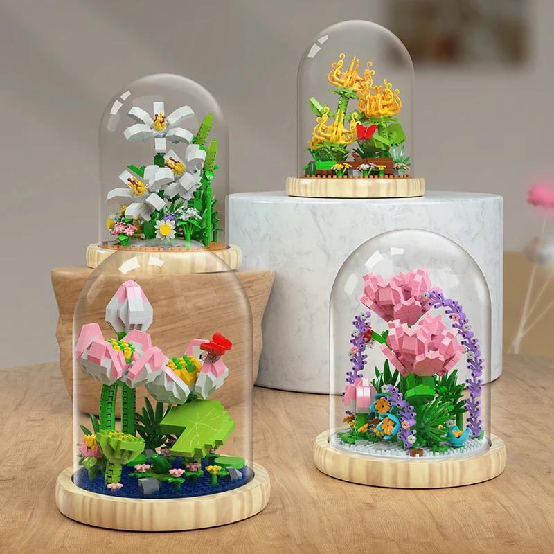 Bouquet Potted Building Blocks Sets Rose Chrysanthemum Orchid Succulents Bricks Model Romantic Assembly Toy Gifts For Children