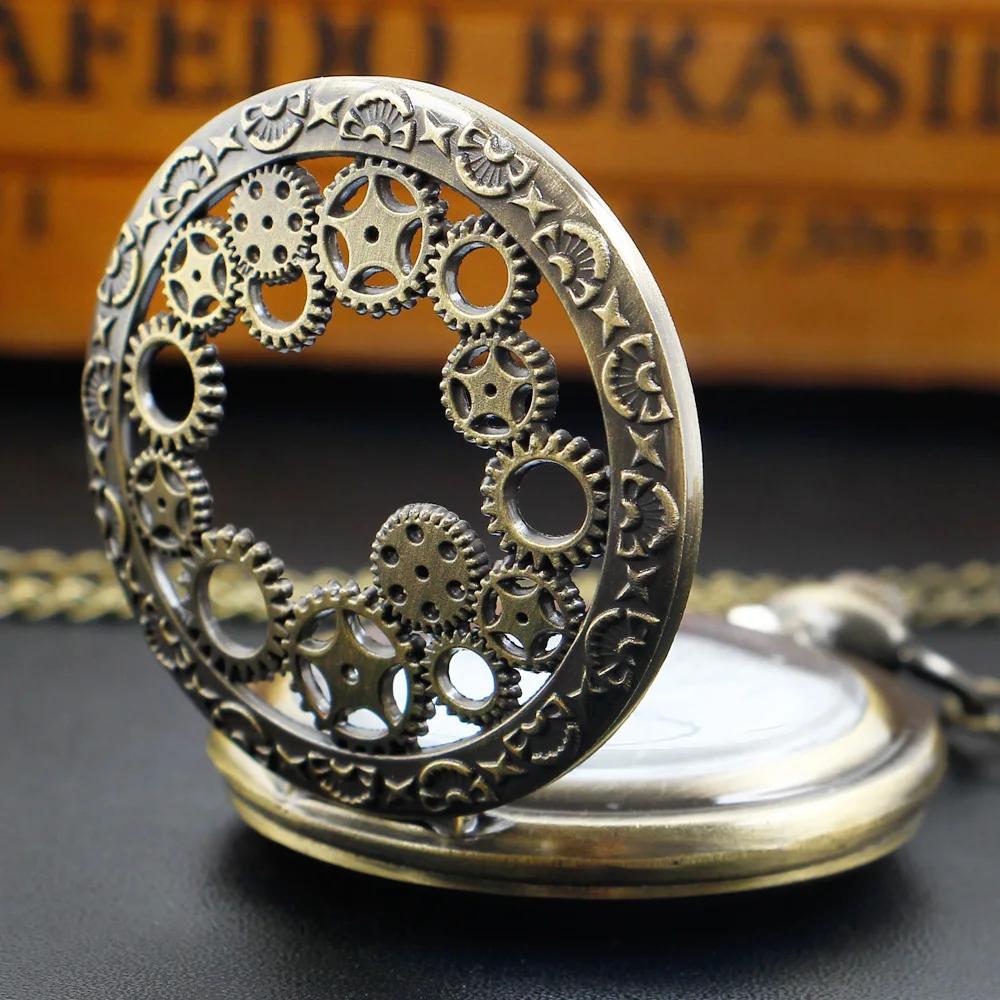Bronze Quartz Movement Pocket Watch Hollow Gear Necklace Pendant Gift With Chain Pendant Gifts For Women Or Man with Fob Chain