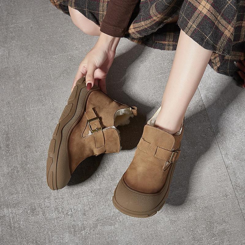 Zapatos de Invierno Mujer Botas de Nieve Suela Gruesa Cálido Felpa de Lana Cuero Genuino Exterior Vintage Botines Cortos Botines al Tobillo para Señora