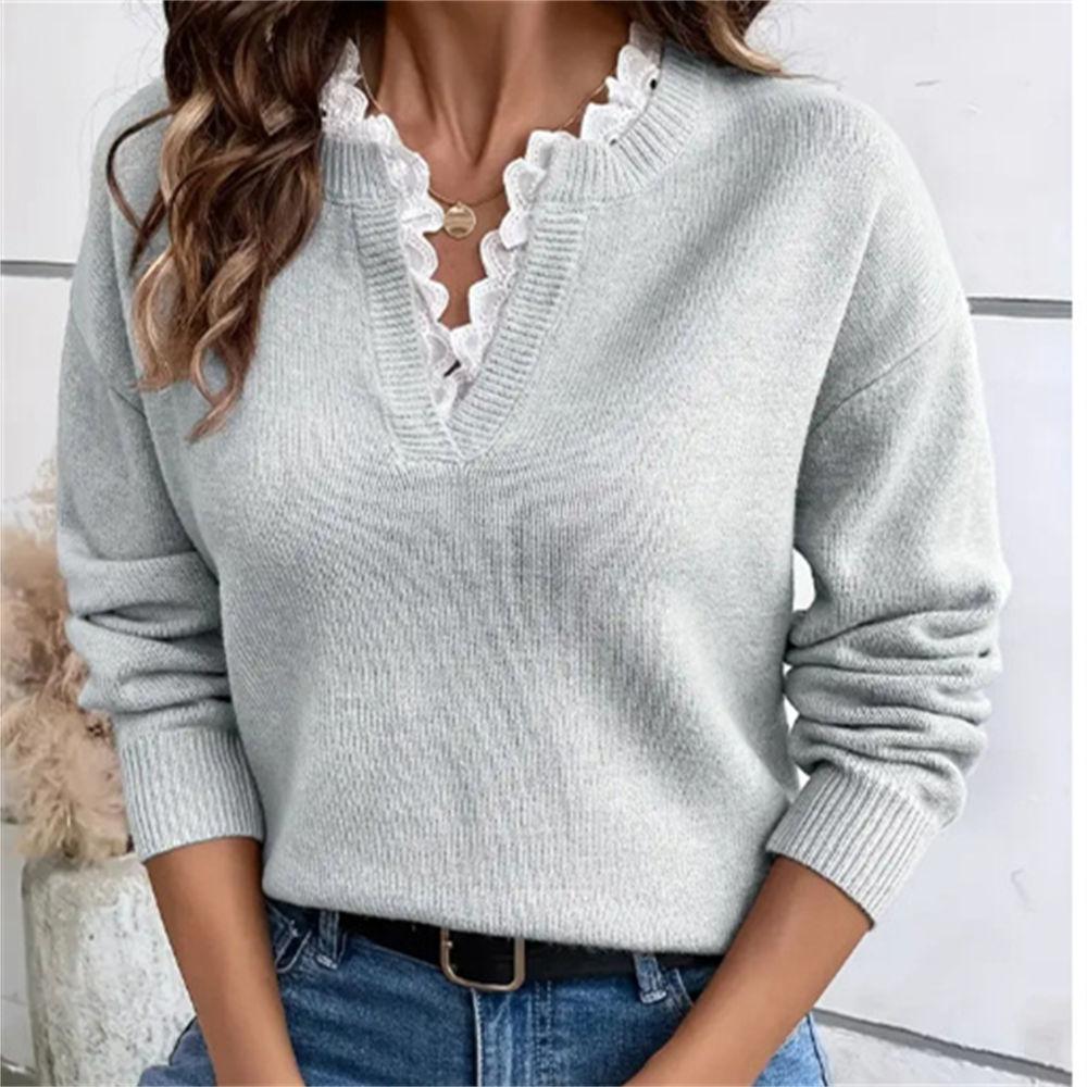 Women's Autumn & Winter Lace Trim V-Neck Sweater, Solid Color Loose Long Sleeve Knit Top S-XL