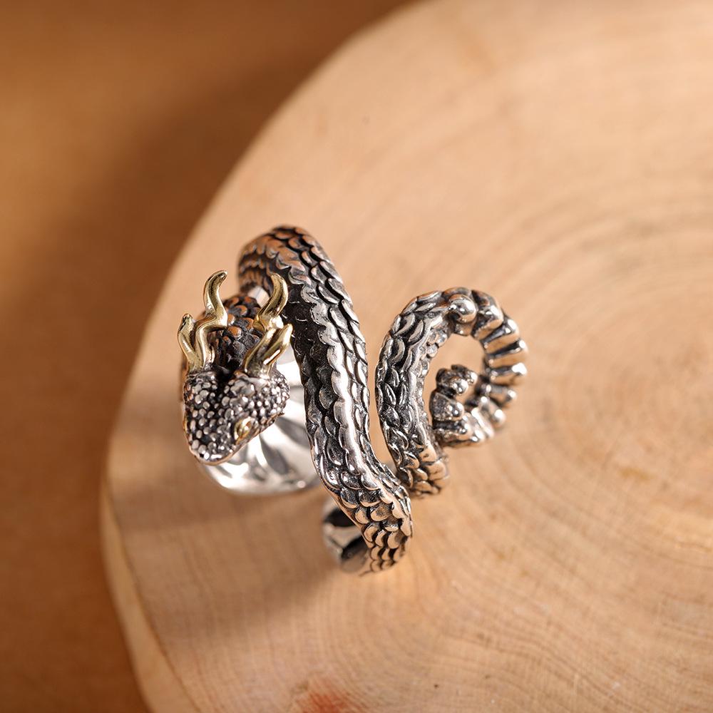 

Мужское кольцо из стерлингового серебра 925 пробы в виде змеи-дракона - Трендовый ретро литературный дизайн Adjustable