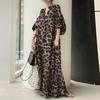 Fashion Printed Maxi Dress Women's Leopard Sundress Spring Puff Sleeve Long Vestidos Female V Neck Robe Oversize