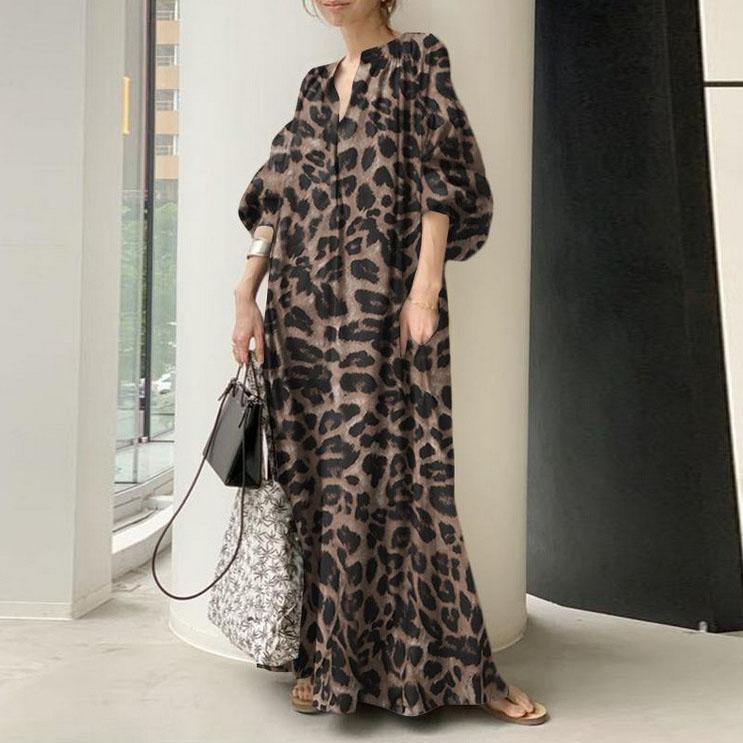 Fashion Printed Maxi Dress Women's Leopard Sundress Spring Puff Sleeve Long Vestidos Female V Neck Robe Oversize
