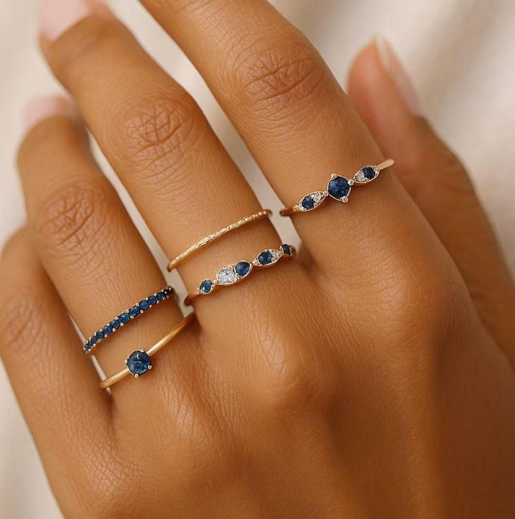 Eco-friendly Gold and Blue Diamond Stackable Ring Set - European & American Style Women's Five-Piece Jewelry Collection