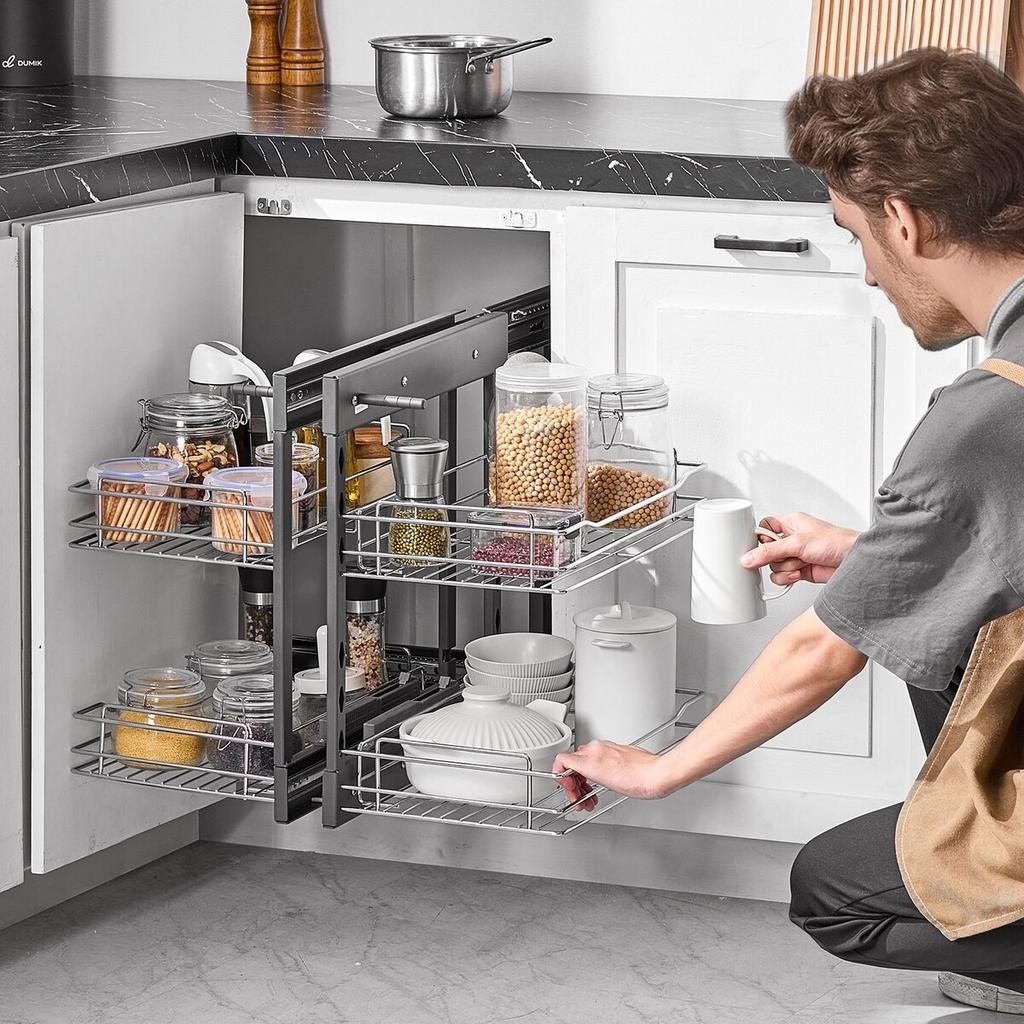 2 Tier Blind Corner Pull Out Organizer Chrome Kitchen Cabinet Basket