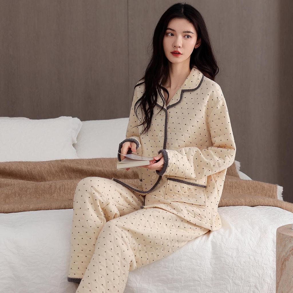Women's Thick Long-Sleeve & Pants Lapel Set - Warm Casual Autumn/Winter Homewear