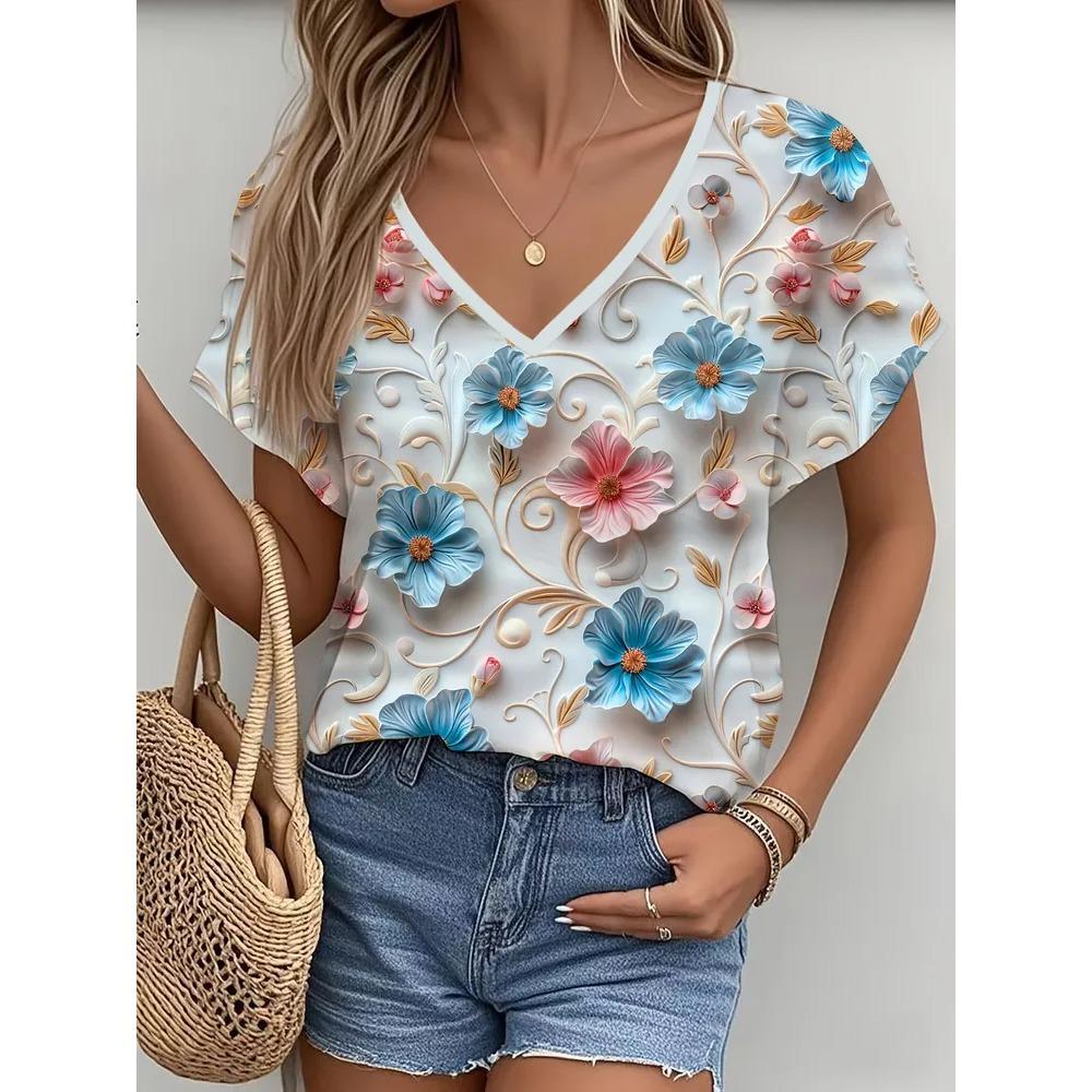 Summer Women Beautiful Flowers V Neck Casual Fashion Tops Comfortable Loose Short Sleeve T-shirt