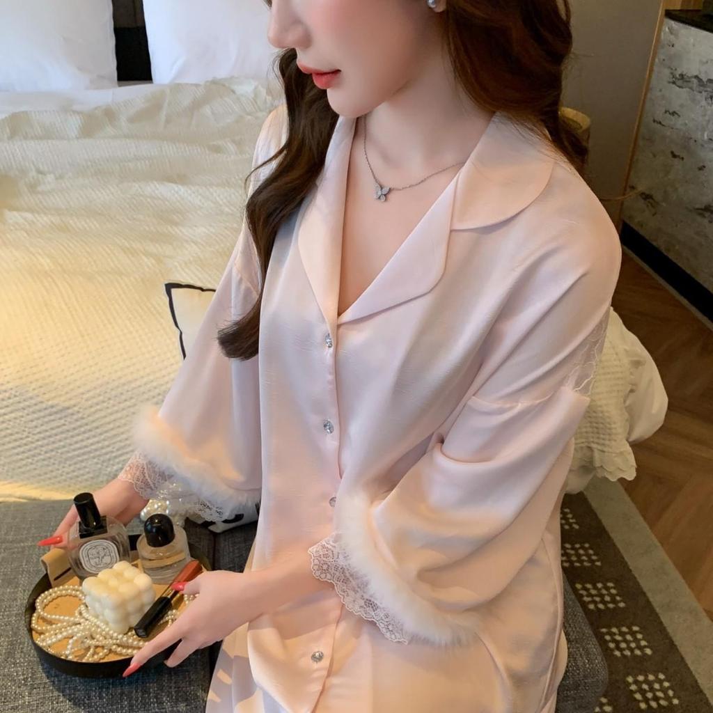 Luxurious Lace Patchwork Ice Silk Nightgown - Feather Lace Five-Point Sleeve Boyfriend Shirt Pajamas