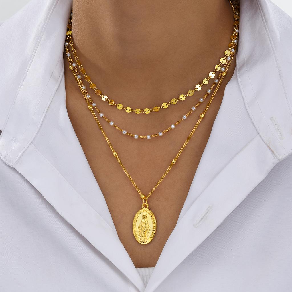 3 Pcs Minimalist Coin Pendant Necklace Set for Women Elegant Gold Color Jesus Print Design Multilayer Pearl Bead Chain Necklace