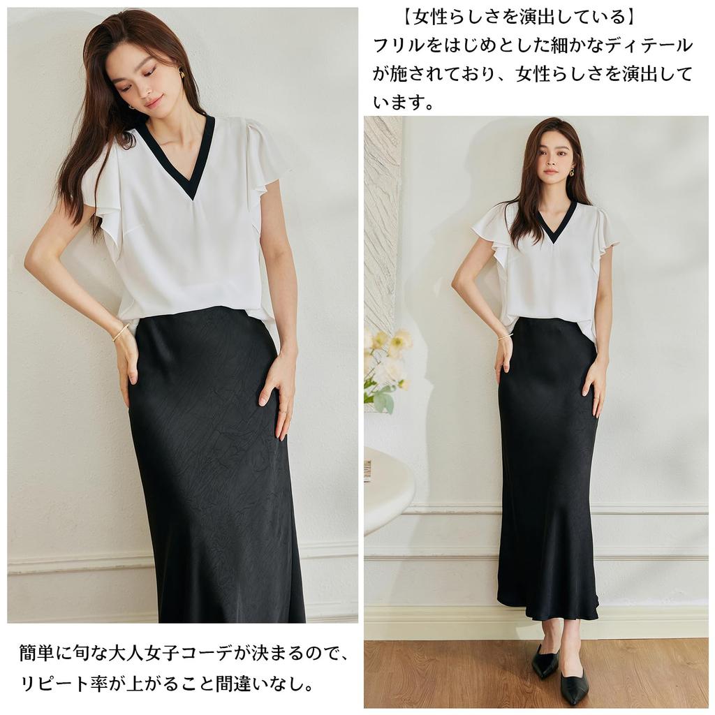 Chiffon Shirt Short Sleeve Ruffle Solid Loose Wear [POGCZMKK] Women's Top, Pullover, V-Neck, Blouse, Color, Fluffy, Fit, Slimming, Elegant,