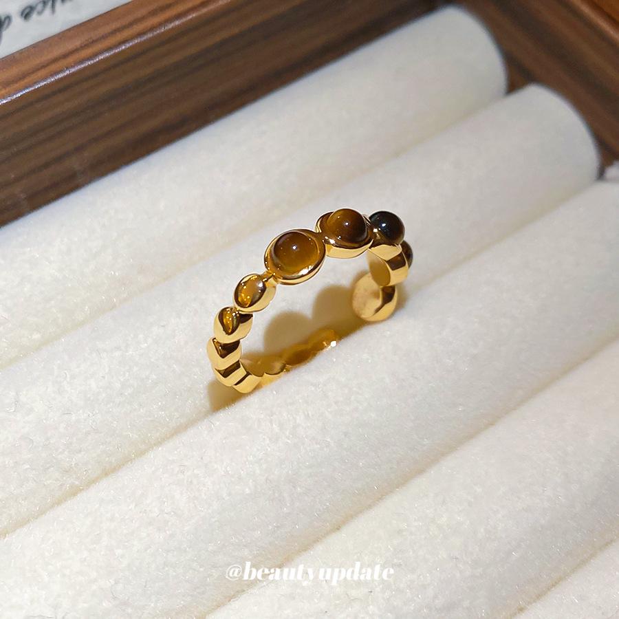 18K Gold Plated Tiger Eye Beaded Open Ring: Autumn Winter Retro Style Jewelry for Women