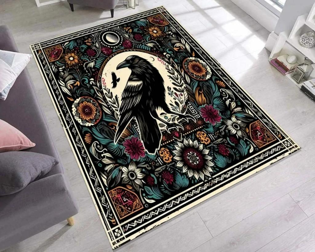 Floraler Baum Rabe Bereichsteppich Schwarzer Hintergrund Kunstteppich Böhmisches Wohnzimmer Schlafzimmer Dekorative Bodenmatte