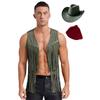 Mens Western Cowboy Costume Faux Suede Tassel Vest with Rivets Design Vintage Bandanna Hat 3 Piece Set