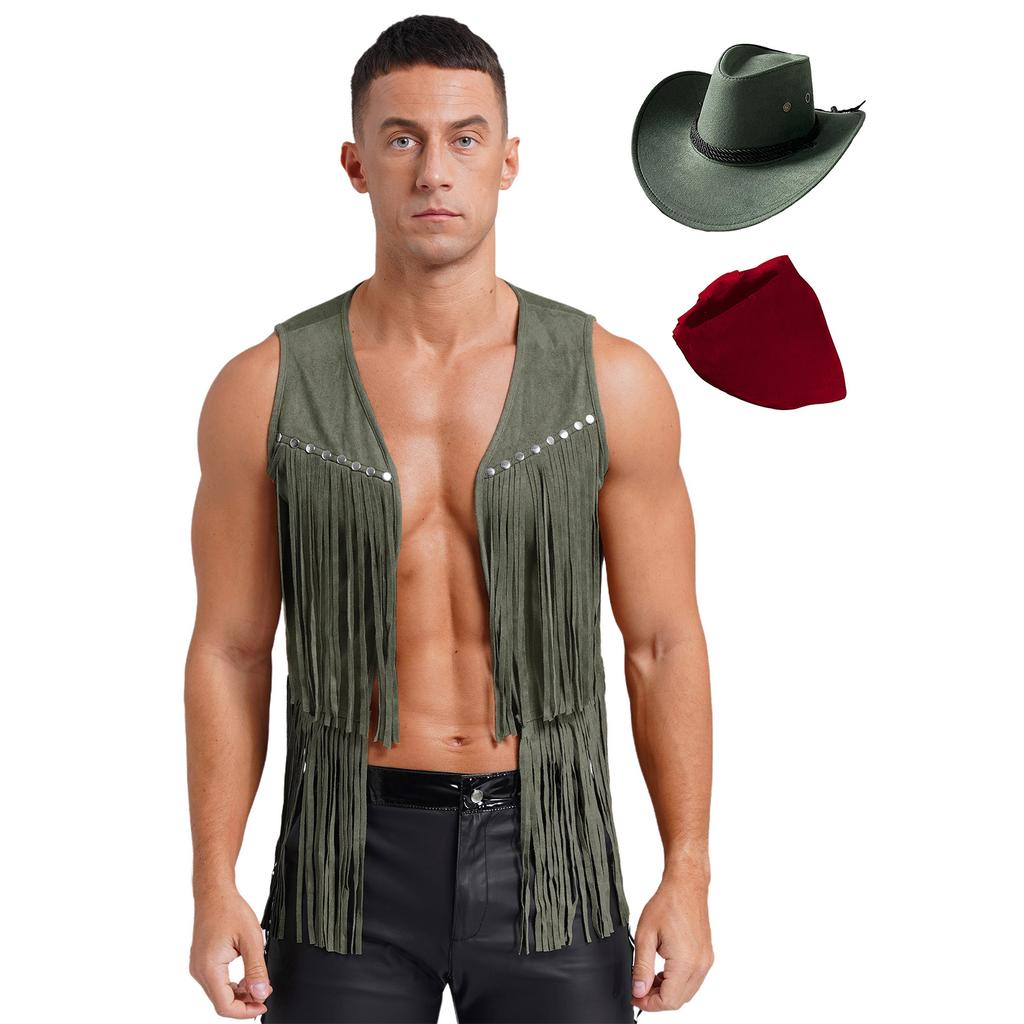 Mens Western Cowboy Costume Faux Suede Tassel Vest with Rivets Design Vintage Bandanna Hat 3 Piece Set