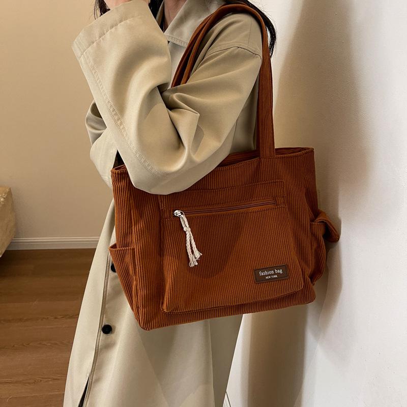 Simple Corduroy Tote Bag, Solid Color Shoulder Bag, Retro Multi Pockets Handbag For School Work Shopping