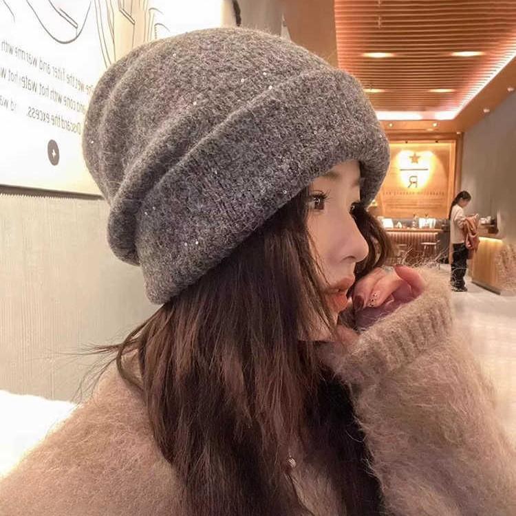 Autumn and Winter Lazy Style Sequins Thick Piles of Hats Korean Versatile Windproof and Warm Pull Out Hat Casual Face Showing Small Cold Hat