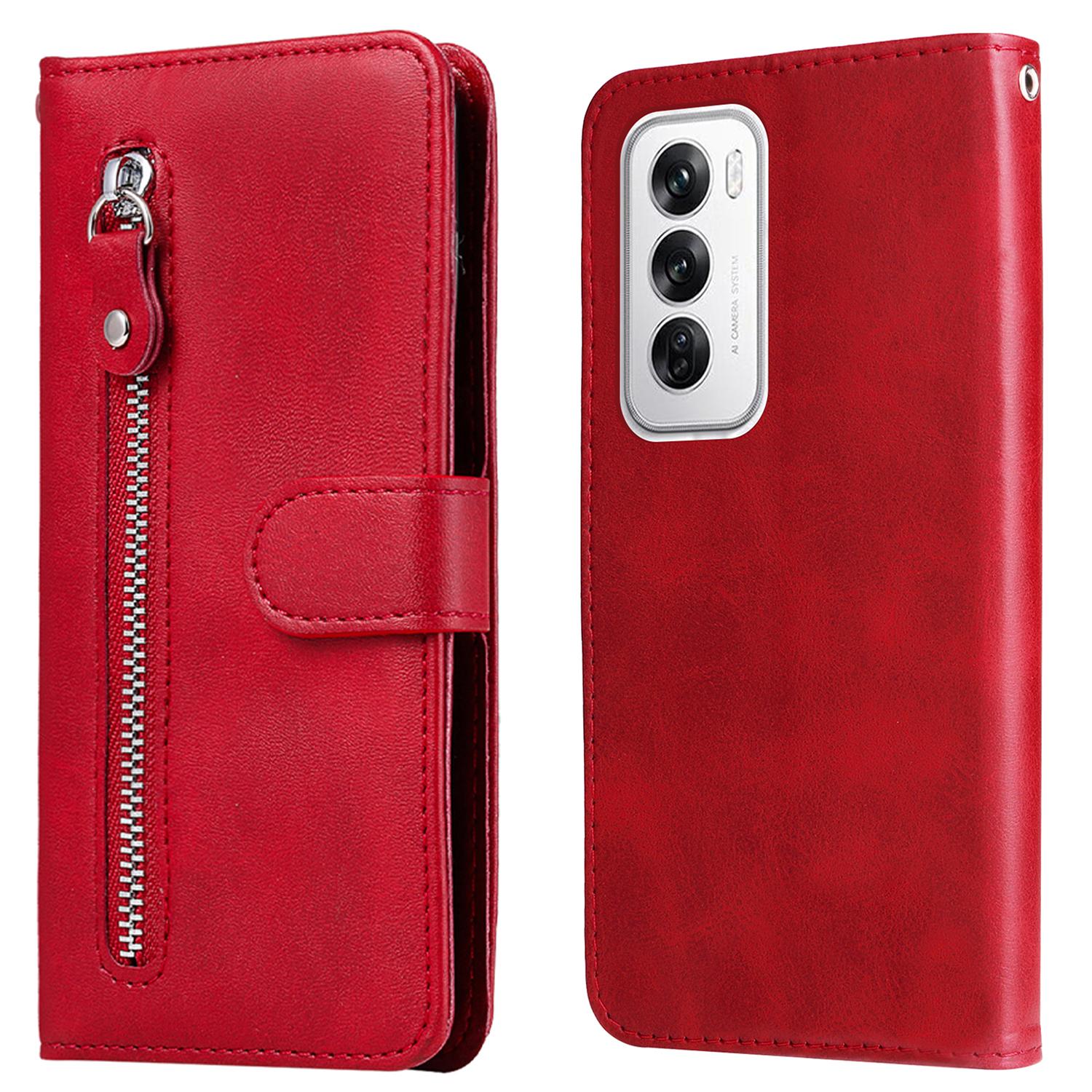 

For Oppo Reno12 5G (Global) Case Zipper Pocket Leather Phone Stand Cover Red