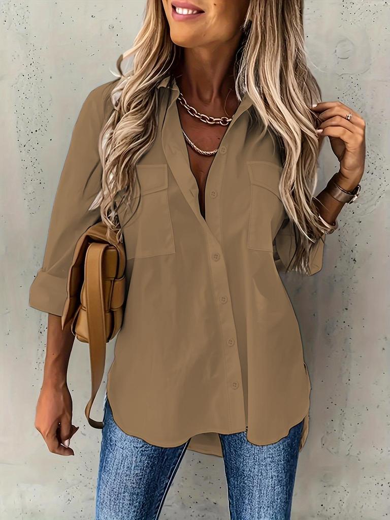 European American Women's Versatile Pocketed Long-Sleeve Lapel Shirt