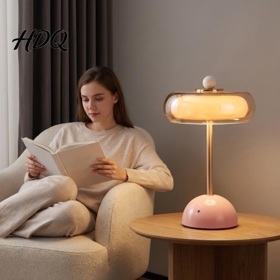Dimmable Nightstand Light Retro Glass Mushroom Table Lamp USB Rechargeable Touch Control Bedside Modern Metal Desk Lamp 3 Colors Night for