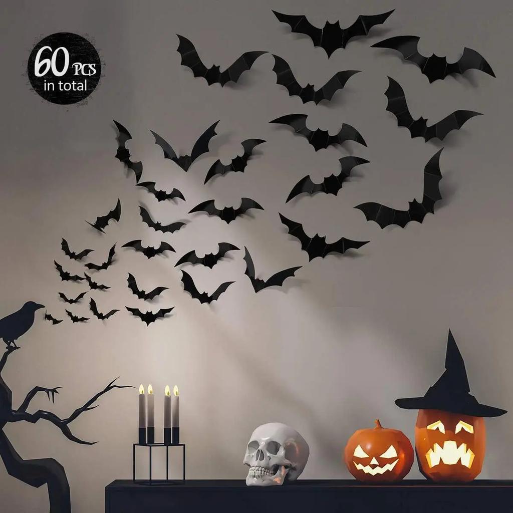 72pcs 3D Black PVC Bat Wall Stickers Halloween Decorations Scary Party Props DIY Home Bar Room Decoration for Spooky Halloween Night