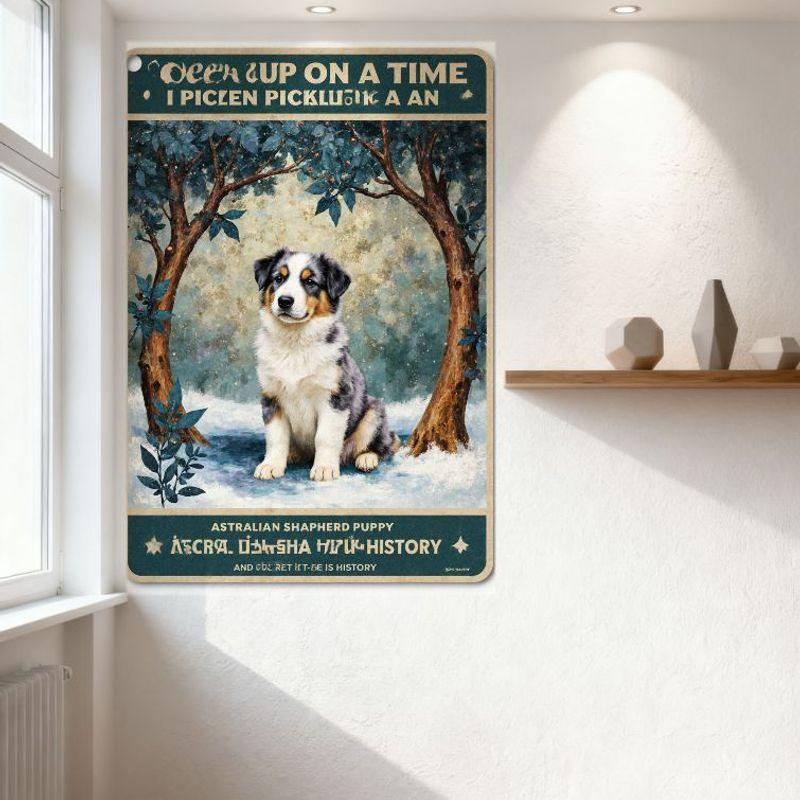 Vintage Australian Shepherd Puppy Metal Tin Sign Snowy Forest Retro Whimsical Wall Decor for Bar Pub Home Cafe 8x12 Inch