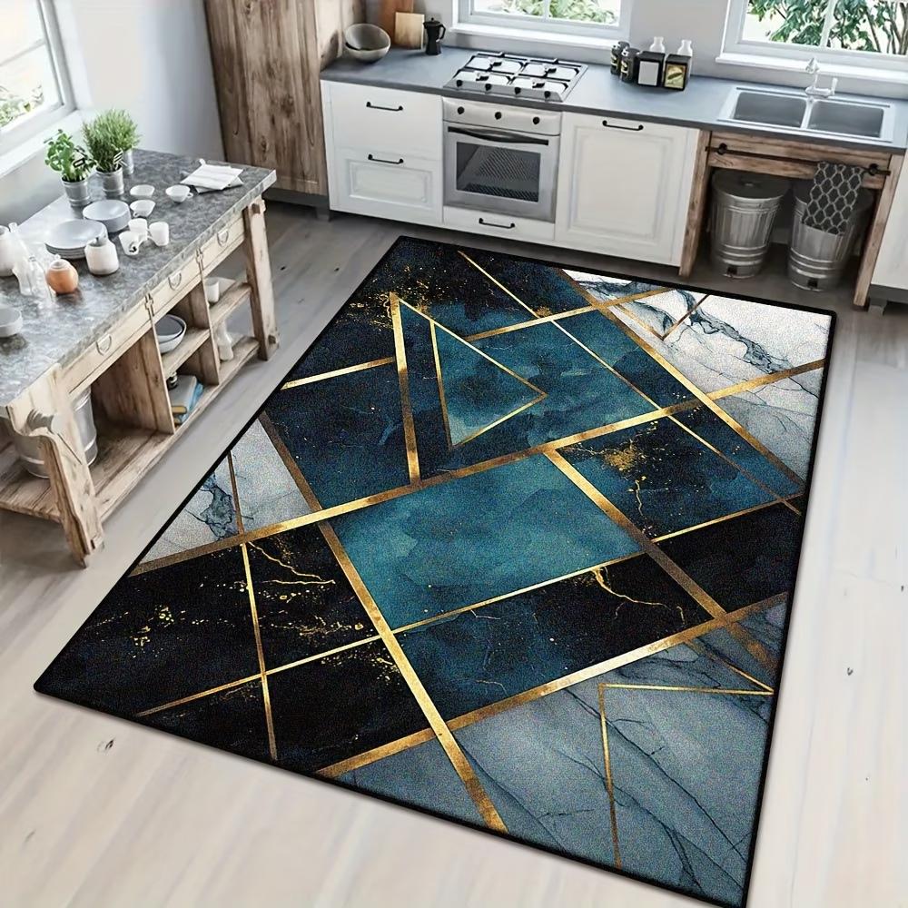 Modern Luxury Teal & Gold Geometric Area Rug, Marble Texture 2D Flat Printed Floor Mat, Non-Slip Washable Living Room Carpet