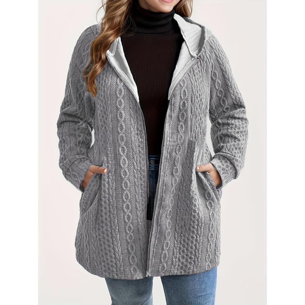 Women's Plus Size Cable Knit Hooded Jacket Zip Up Long Sleeve Casual Coat With Pockets