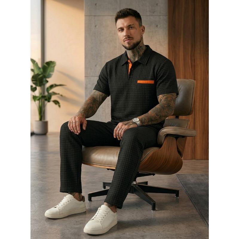 Solid Waffle Mens Casual Short Sleeve Polo Shirt And Long Pants Set