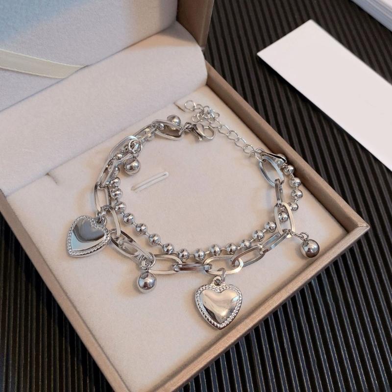 Korean Styles Double Layer Heart Tassels Bracelet Sturdy Alloy Beaded Bangle for Women Hiphop Fashion Jewelry Gift