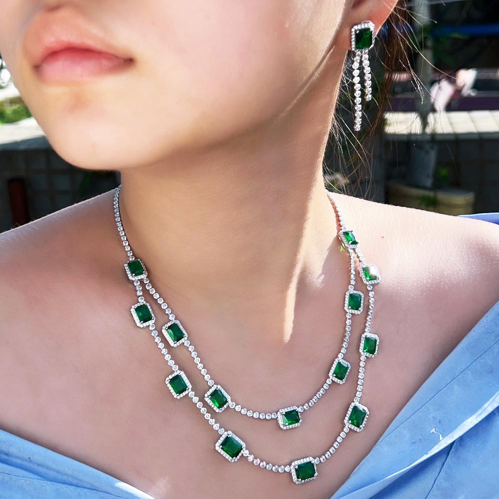 Light High-End Emerald Double-Layer Retro Necklace Earrings Set Luxury Zircon Collarbone Chain Set Chain