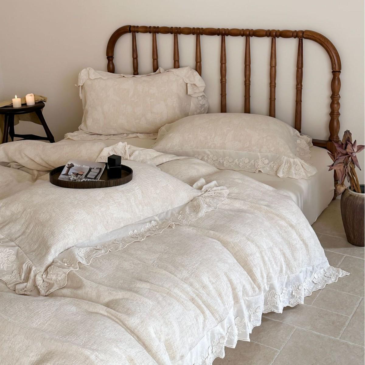 Girly Retro Luxury French Cotton Linen Lace Bedding Set (4-Piece) 1.5m Bed Set - Flat Sheet (Duvet 200*230cm)